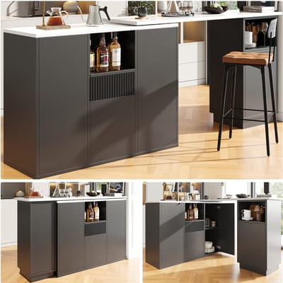 Draaibare Bartafel 360° 210 x 30 x 100,9 cm - Met Open Opbergruimte en Werkblad in Marmerlook - Zwart