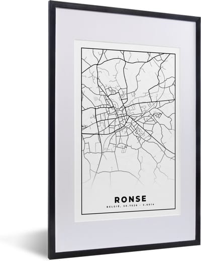 Fotolijst incl. Poster Zwart Wit- Plattegrond – Ronse – Zwart Wit – Stadskaart - Kaart - België - 40x60 cm - Posterlijst