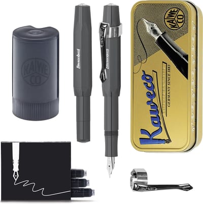 Kaweco - Cadeauset - (5delig) - Vulpen Sport Skyline Grijs Fountain Pen - Extra Fine - Vintage blikje - Nostalgic Octagonal Clip Chrome - Gevulde Inkt Patronen houder - Doosje Vullingen