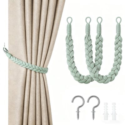 2-pack gordijnbanden - 60cm gordijnkoordgesp - handgeweven gordijnbanden - gedraaide gordijnbanden - met haken - geschikt voor thuis, kantoor, woonkamer, slaapkamer