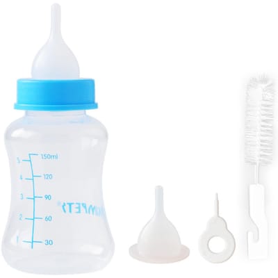 Biberon d'alimentation pour animaux de compagnie 150 ml Biberon d'allaitement en silicone pour chaton chiot avec tétines de remplacement pour petits bleu