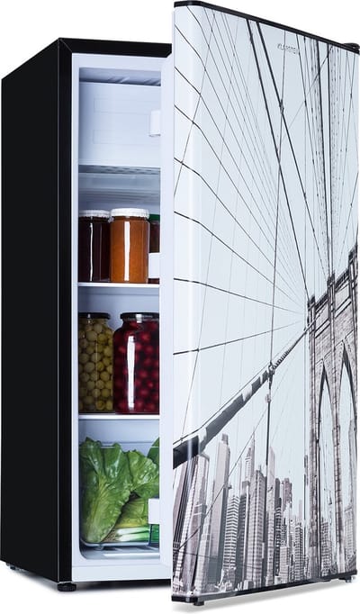 Klarstein CoolArt koel-vriescombinatie - Koelkast met 2 koelstanden, designfront, 5-traps thermostaat, 0 tot 10 °C, inhoud: 79 liter, motief: Stadsgezicht