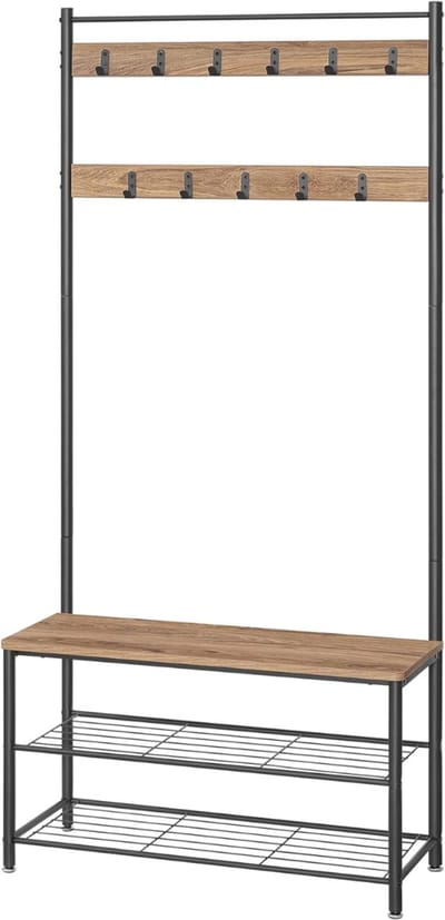 DnA® Kapstok Met Schoenenrek - Halmeubel Met kapstok - Kapstok Met Bankje - Zwart - ‎32cm x 85cm x 175cm