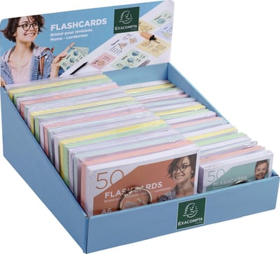 Exacompta Display 38 Pak van 50 Flashcards A6 en A7 - gelijnd en geperforeerd - met gebroken ring - Geassorteerd - 10380E