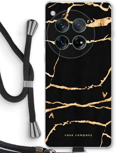 Case Company® - Hoesje met koord geschikt voor OnePlus 12r hoesje met Koord - Gouden marmer - Telefoonhoesje met Zwart Koord - Bescherming aan alle Kanten en Over de Schermrand