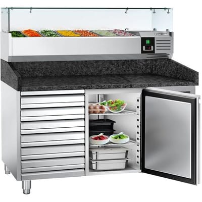 GGM Gastro Pizzakühltisch PREMIUM - 1500x800mm - mit 1 Tür & 7 Schubladen - inkl. Kühlaufsatzvitrine - 6x GN 1/3 Zilver