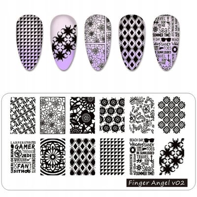 Born Pretty Finger Angel - Stempelpakket voor Nagels - V02 - Kwiatki - Napisy - Szachownica