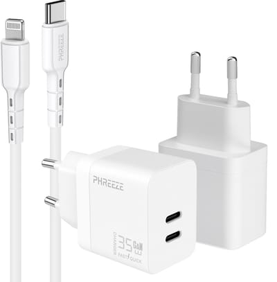 Phreeze usb C oplader met kabel geschikt voor iPhone en iPad met Lightning kabel 1 meter - Power Delivery snellader met 2 usb C poorten - GaN charger