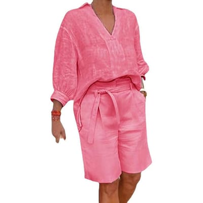van/Collectie Dames Shirt Shorts Set 3/4 Mouwen V-vormige Halslijn Hoge Taille Ontspannen Knie-Lengte Broek Set Paar en Effen Kleur Top Pasvorm Dagelijks Gebruik S