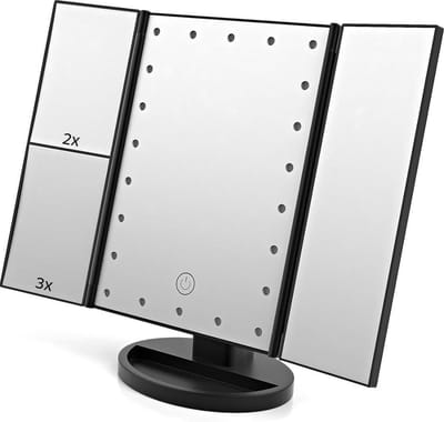 LED Make-up Spiegel – 21 LED Lampjes – 3-delige Draaibare Spiegel met 2x & 3x Vergroting – Touch & Dimbaar – Incl. USB Kabel - zwart