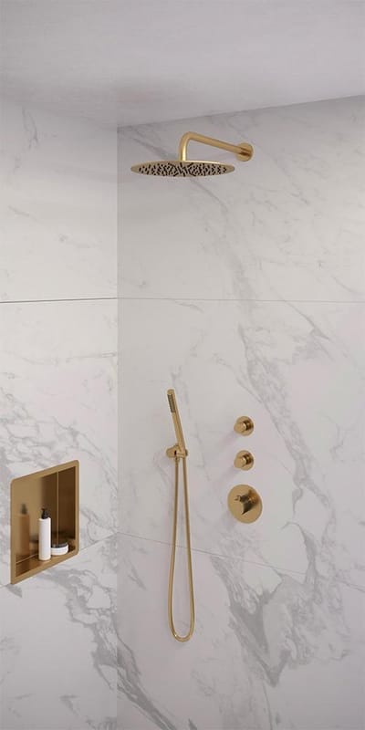 Brauer Gold Edition thermostatische inbouw regendouche SET 04 met 30 cm douchekop en gebogen muurarm en staaf handdouche en doucheslang en wandaansluitbocht goud geborsteld PVD