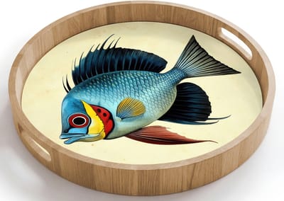 Dienblad rond 40x40 cm - Schootdienblad hout - Blauw - Kieuwen - Vis - Illustratie - Borrelplank rechthoek - Plateau houten dienbladen