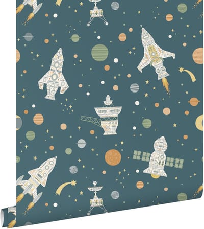 ESTAhome behang planeten in de ruimte blauw, groen en bruin - 50 x 900 cm - 132070