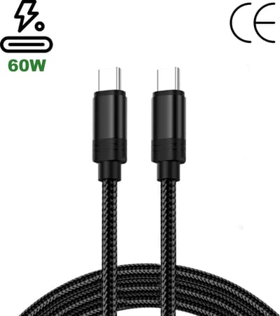 WAEYZ USB C kabel - USB C naar USB C - 60W - 1 Meter Extra Sterk - Snellader - Oplader - Oplaadkabel - Gevlochten Nylon - Zwart