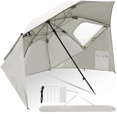 2-in-1 Parasol Strandtent - Opvouwbaar Strandscherm - Waterdicht UV50+ Bescherming - Khaki - 240x210x200 cm