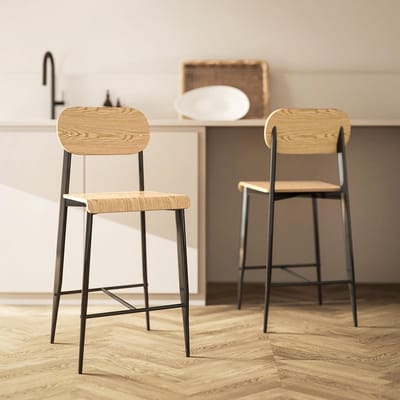 Pugsdrly Set van 2 barkrukken - met rugleuning en metalen frame - hout - lichtbruin