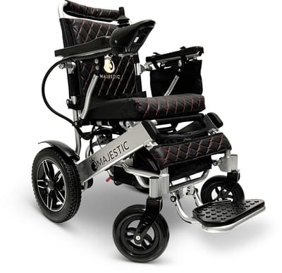 COMFYGO IQ-8000 Elektrische rolstoel, Lichtgewicht, Draadloze afstandsbediening, Handmatig opvouwbaar, Niet achterover leunen, 12AH Li-ion, tot 20km, 45cm, Zilver frame & Zwart leer textiel