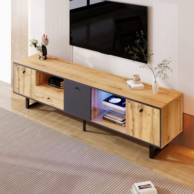 REDOM TV-meubel 190x40x50 cm van spaanplaat en metaal, industrieel design met LED-verlichting en veel opbergruimte