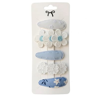 Blauw en wit haarspeldjes set voor meisjes – textiel haarspeldjes met bloemen – 5 stuks – pastel clips met geborduurde bloemdetails en bloem patroon