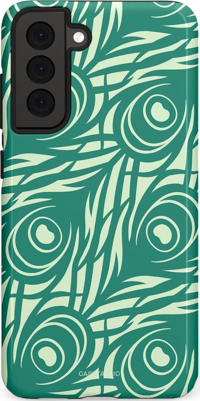Casetastic hoesje geschikt voor Samsung Galaxy S21 FE 5G - Dubbellaagse bescherming - Troste Turquoise Pauw Veren - Fashion Case - Turquoise Mintgroen Crème