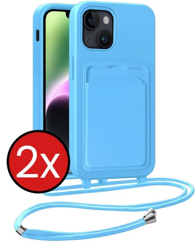 Hoesje Geschikt voor iPhone 13 Hoesje Met Telefoonkoord en Pasjeshouder Siliconen - Hoes Geschikt voor iPhone 13 Hoesje Met Kaarthouder Case - Lichtblauw - 2 PACK