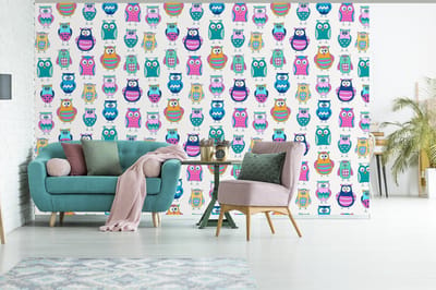 Behang - Fotobehang Regenboog - Uil - Cartoon - Breedte 345 cm x hoogte 220 cm