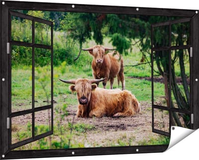 Gards Tuinposter Doorkijk Twee Schotse Hooglanders in de Bossen - 150x100 cm - Tuindoek - Tuindecoratie - Wanddecoratie buiten - Tuinschilderij