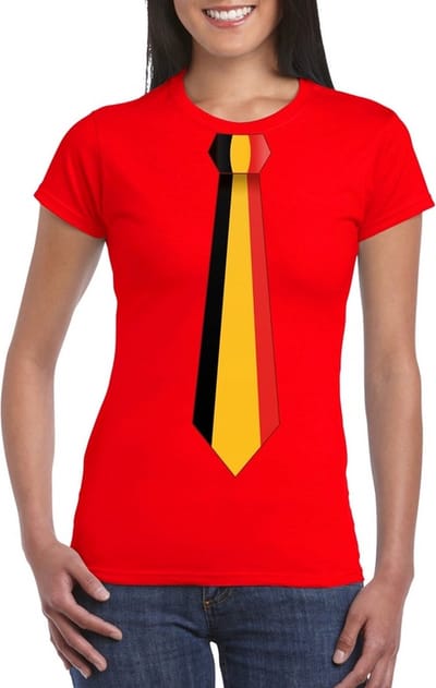 Rood t-shirt met Belgie vlag stropdas dames - Belgie supporter S