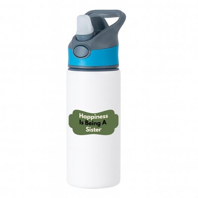 Hacebo® - happiness is being a sister waterfles met rietje blauw - Zus - de liefste zus - verjaardag - cadeautje voor zus - zus artikelen - kado - geschenk - water fles - 650ML