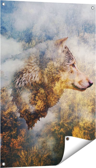 Gards Tuinposter Wolvenkop op een Herfstbos - Wolf - Abstract - 60x90 cm - Tuindoek - Tuindecoratie - Wanddecoratie buiten - Tuinschilderij