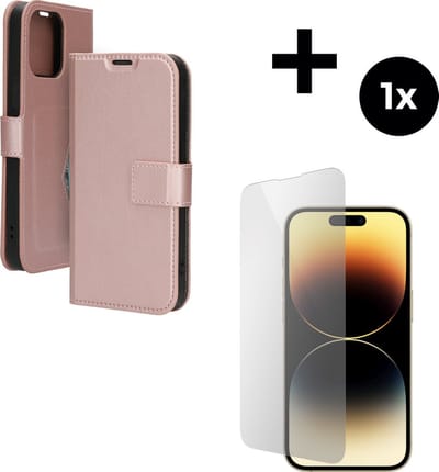 Mobiparts Classic Wallet hoesje geschikt voor Apple iPhone 14 Pro Max met 1 Screenprotector van Gehard Glas - Roze