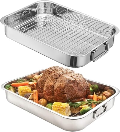 KZQ Braadslede met Rooster XL van RVS, Ovenschaal voor Kalkoen, Kip en Ham, Vaatwasserbestendig, Zilver 25*18*5CM
