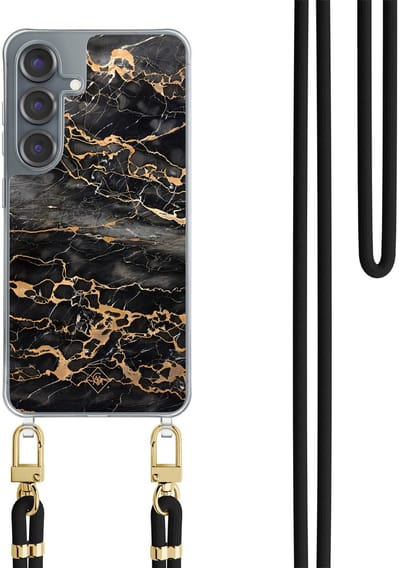 Casimoda® hoesje met koord - Geschikt voor Samsung S25 - Marmer Grijs Brons - Afneembaar koord - TPU/polycarbonaat - Zwart