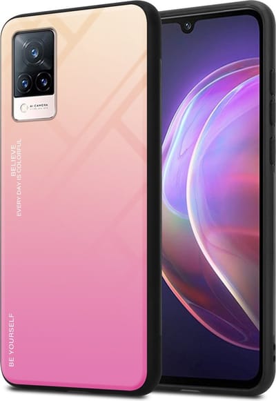 Cadorabo Hoesje geschikt voor Vivo V21 4G / 5G in GEEL - ROZE - Tweekleurige beschermhoes van TPU-silicone Case Cover en achterzijde van gehard glas