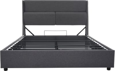 Gestoffeerd tweepersoonsbed van 160x200 cm met verstelbaar hoofdeinde, hydraulisch bedframe met opbergruimte, linnen bedframe, metalen lattenbodem, grijs (matras niet inbegrepen).