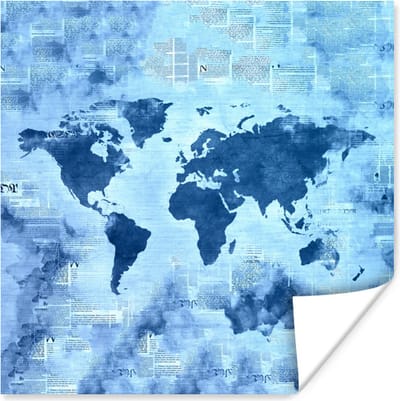 Poster 30x30 cm - Wereldkaart - Abstract - Blauw - Posters - Kamer decoratie - Wanddecoratie woonkamer - Muurdecoratie slaapkamer