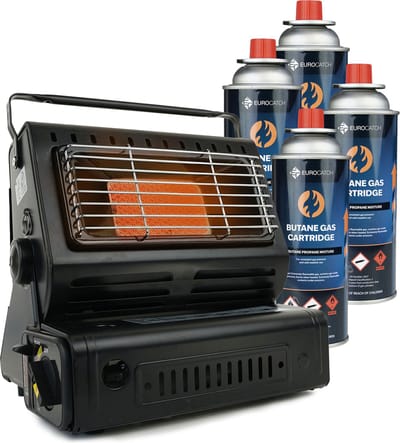 Eurocatch Gaskachel & Kooktoestel in 1 - Incl. 4 Butaan Gasbussen - Heater - Kachel - Terrasverwarmer - Camping gaskachel - Gas Heater - Verstelbaar - Draagbaar