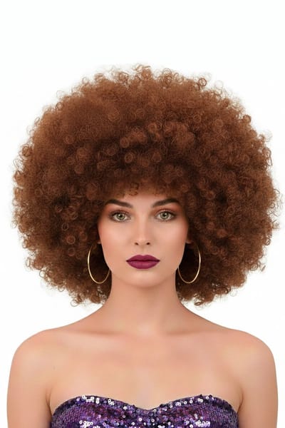 KIMU® Pruik Afro Bruin Disco - met Gratis 2x Haarnetje - Afrokapsel Seventies Bruine Seventies Krullen Festival
