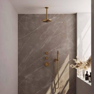 Brauer Gold Carving Thermostatische Regendoucheset Inbouw - Hoofddouche 20 cm - Handdouche Staaf - Doucheslang - Wandaansluitbocht - Geborsteld Goud