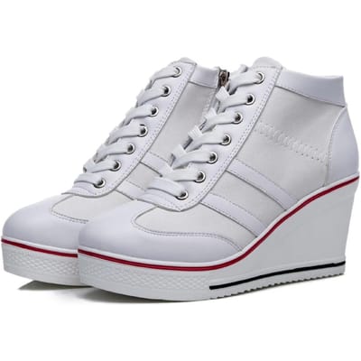 Dames Pumps Schoenen Nieuwe Sleehak Casual Canvas Schoenen Dames Zijketting Vetersluiting Casual Platform Schoenen 8Cm Hoge Hak Schoenen 37 wit