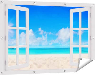 Gards Tuinposter Doorkijk Strand en Zee met Helder Witte Zand - 120x80 cm - Tuindoek - Tuindecoratie - Wanddecoratie buiten - Tuinschilderij