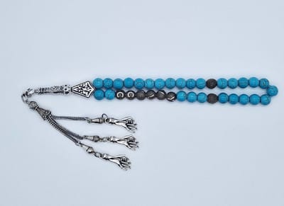 Handgemaakte naam tasbih 33 Kralen Natuursteen “Turkoois” - met metaal tassel “ Handpalm"- Met je naam of de naam van uw geliefde- 8 mm diameter van de korrel