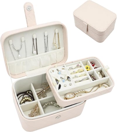Sieradendoos met Ruitpatroon | 2-laags Kunstleren Organizer voor Sieraden | Draagbare Reissieradendoos voor Vrouwen | Medium Formaat, Perfect als Cadeau