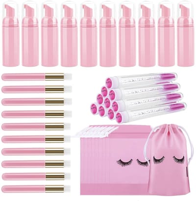 Flessenborstels set, inclusief 10 stuks wimperborstels, 10 stuks wimperborstel buizen, 10 stuks wimpershampoo schuimdispenser fles, 10 stuks wimper aftercare tasjes