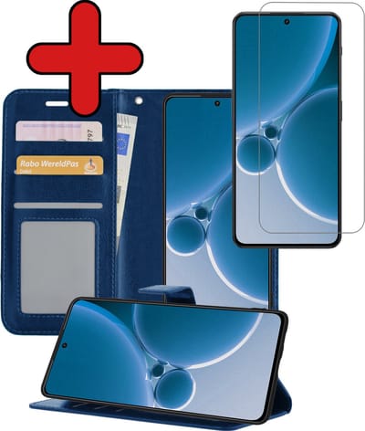 Hoesje - Met Screenprotector - Geschikt voor OnePlus Nord 3 - Luxe Pasjeshouder - Flipcase - Bookcase Portemonee - Flip Case - Kunstleer Book Case - Book Cover - Walletcase - Portemonneehoes - Telefoonhoes - Donkerblauw