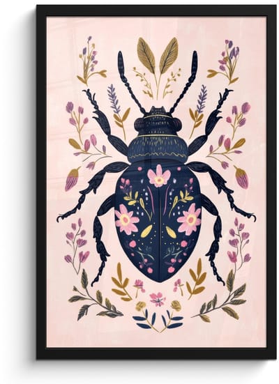Poster in lijst - Fotolijst 40x60 cm - Posters - Donkerblauw - Kever - Bloemtakken - Sierlijk - Posterlijst zwart - Decoratie - Wanddecoratie woonkamer - Muurdecoratie slaapkamer