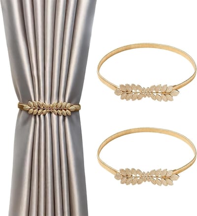 Set van 2 Gouden Gordijnhouders, Minimalistische Metalen Gordijnhaken voor Thuis, Kantoor en Slaapkamer, Decoratieve Oplossingen voor Elegante Raamdecoratie en Interieurstyling
