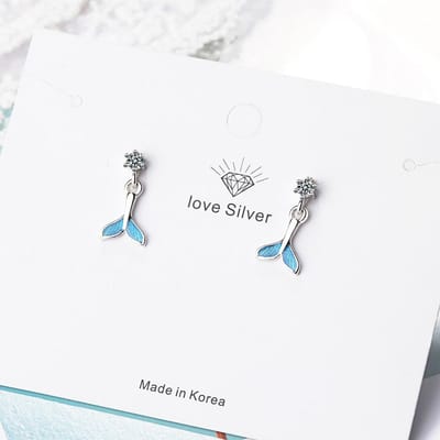 Boucles d'oreilles pendantes queue de poisson sirène pailletée en argent sterling 925 Bijoux pour femmes Boucles d'oreilles mode chic avec zircon S-E839 gray