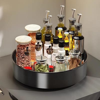 Famanu - Lazy Susan 2-delige set, zwart metalen dienblad 25 cm voor keuken en kantoor