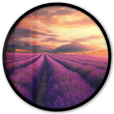 Poster in lijst Rond - Fotolijst 40x40 cm - Posters - Lavendelveld - Zonsondergang - Paars - Ronde posterlijst zwart - Decoratie - Wanddecoratie woonkamer - Muurdecoratie slaapkamer